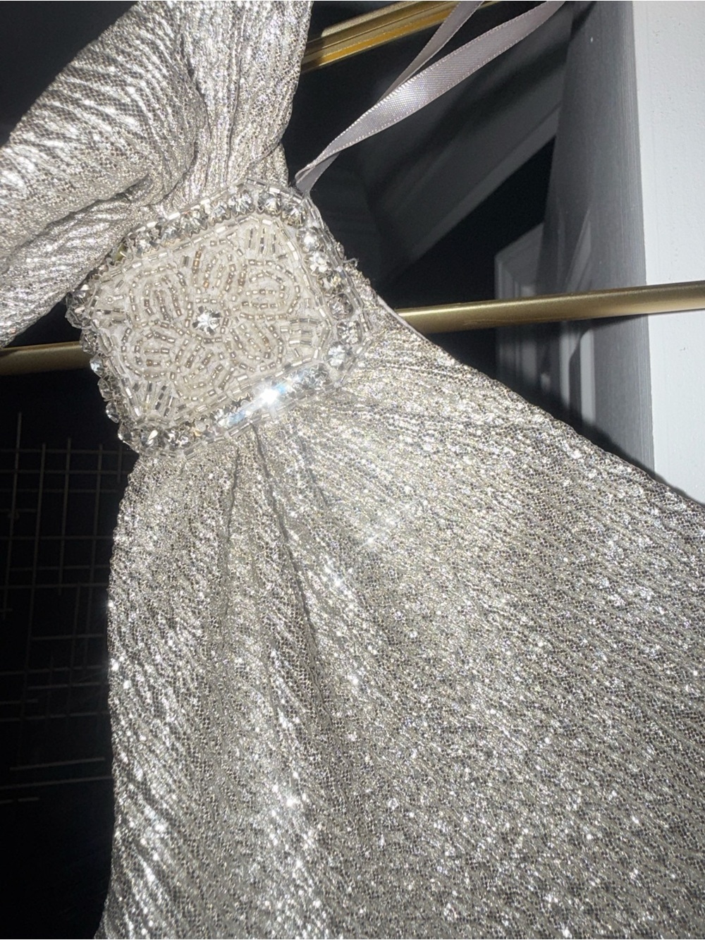 Adrianna Papell Silver Sequin Beaded Prom Gown